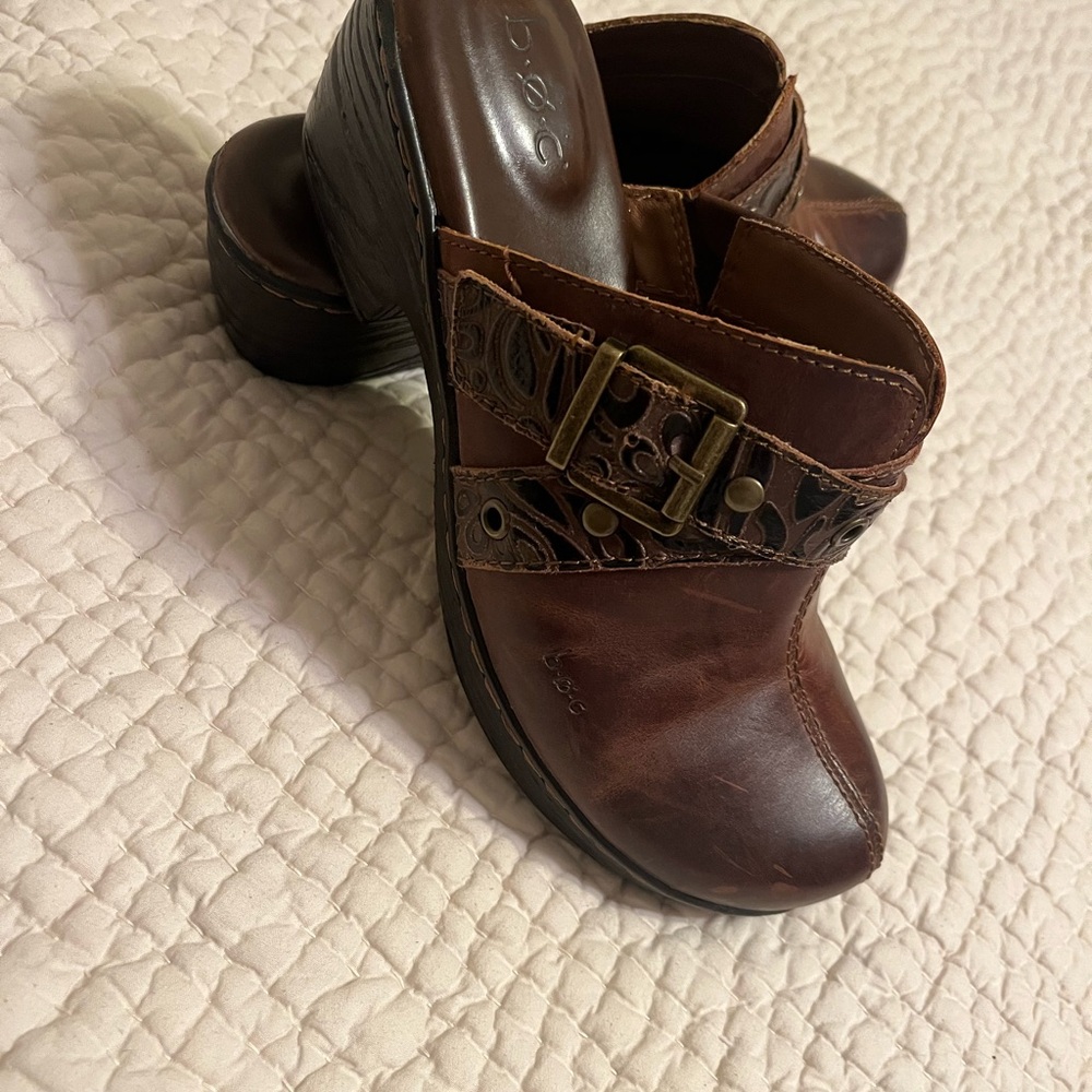b.o.c. Brown Leather Slip-On Clog with Decorative Buckle